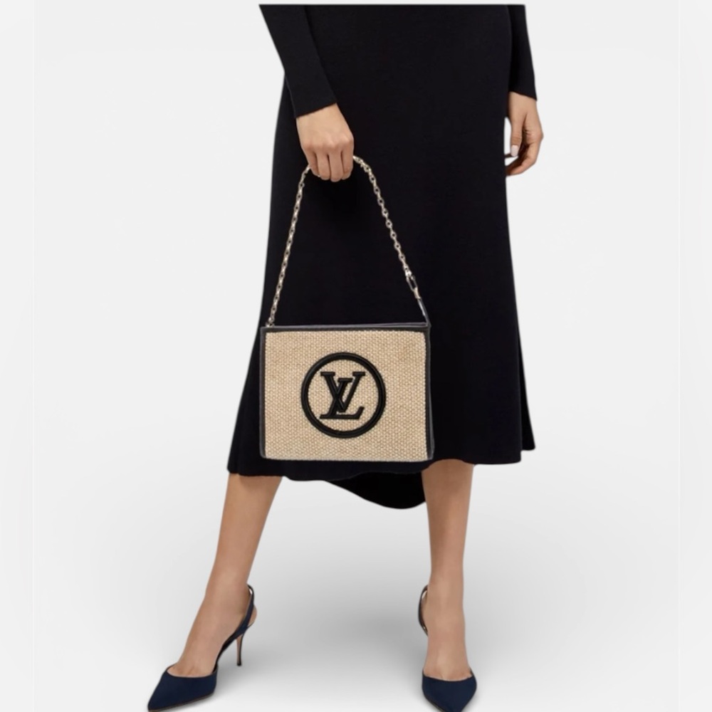 Louis Vuitton Beige Raffia Box Bag with Black Trim and LV Logo